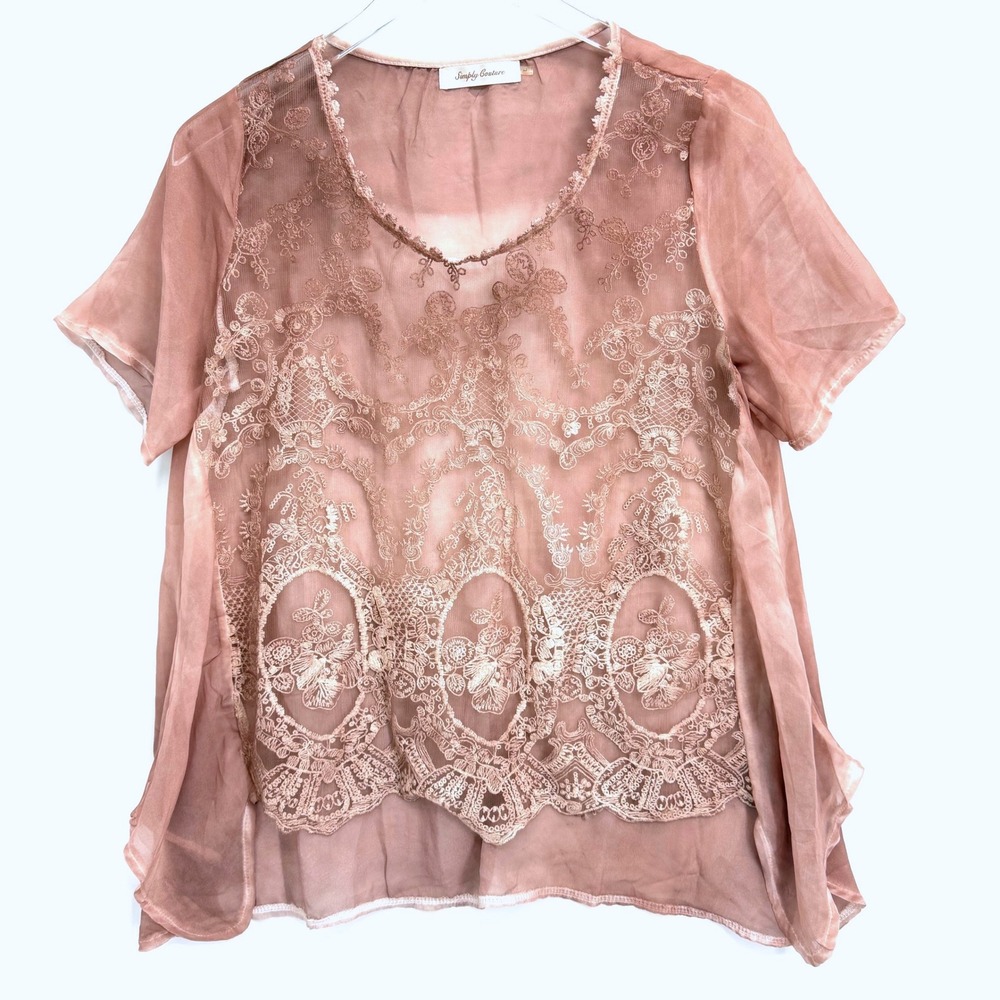 Simply Couture Embroidered Sheer Blouse L Fairy Boho Mauve Pink Short Sleeve Top